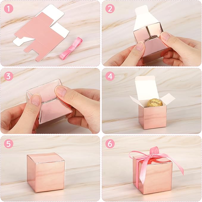 EUSOAR Candy Boxes Party Favors, 120pcs 2x2x2 Inches Mini Boxes Candy Box with Ribbons, Square Bakery Cookies Box Paper Chocolate Containers for Wedding Anniversary Bridal Party Favor Decoration