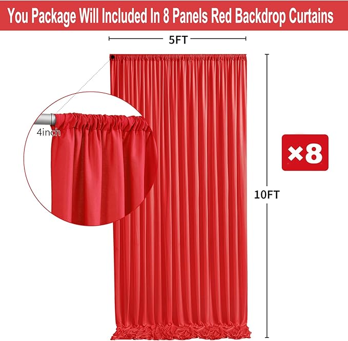40ft x 10ft Thick Red Backdrop Curtains for Parties, 8 Panels 5ft x 10ft Non See Through Red Polyester Wedding Drapes Photo Backdrop for Birthday Party Graudation Photography Home Decor