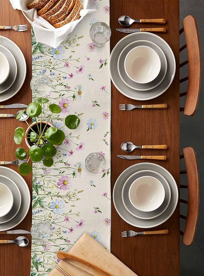 Vintage Wildflowers Cotton Linen Table Runner for Dining Kitchen, Wedding Outdoor Party Tablerunners Decoration, Farm Floral Pink Botanical Plants Dresser Scarf Coffee Tablecloth Runners 13x72 Inches