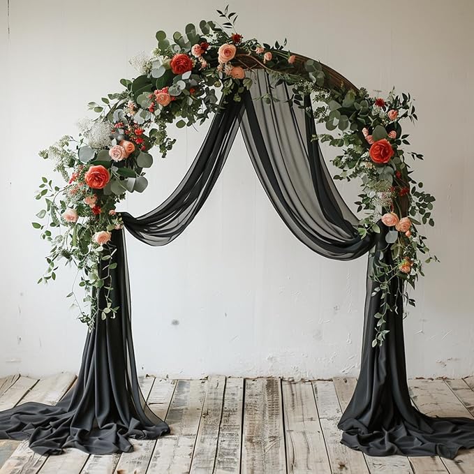 Wokceer Black Wedding Arch Draping Fabric Backdrop 3 Panels 28.7" X 20FT Sheer Drapes Fabric for Wedding Arbor Ceremony Party