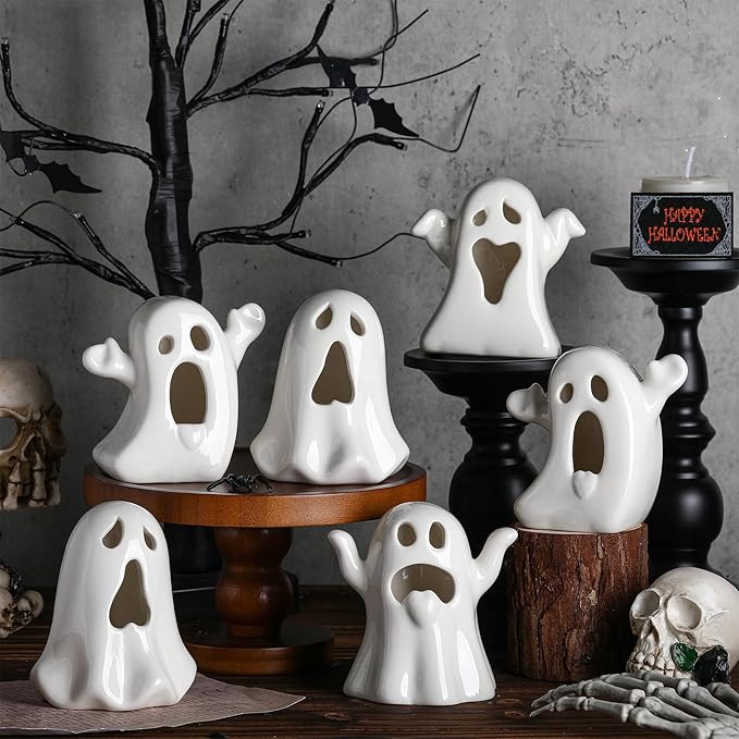 Wesiti 6 Pcs Ceramic Ghost Light up Halloween Decorations Indoor Small White Ghost Figurines Gothic Home Decor Spooky Statue Gift for Desk Tabletop Centerpieces Party Props