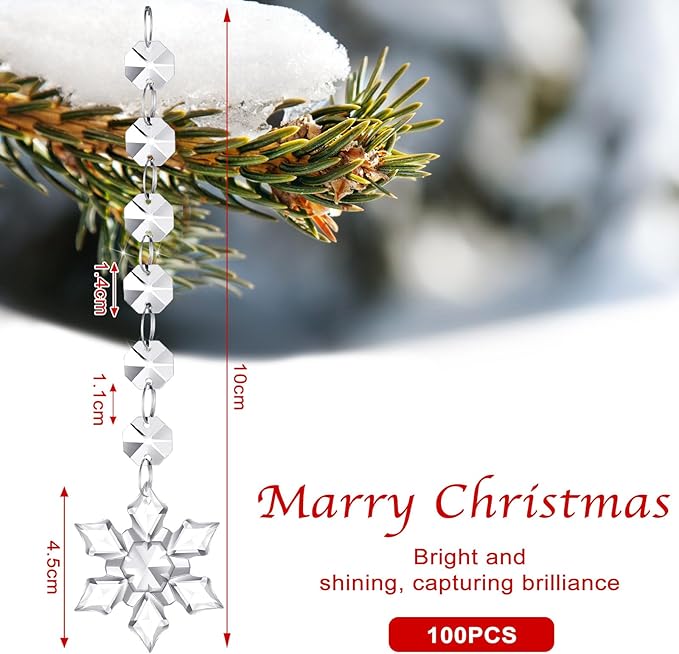 Nuenen 100 Pcs Acrylic Hanging Crystals for Centerpieces Chandelier Clear Crystal Garland Strands Ornament Acrylic Clear Beads Prisms Pendant for Christmas Tree Window Home Decoration(Snowflake)