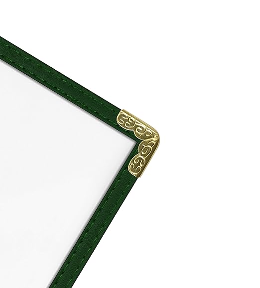 Goodsmart Restaurant Menu Covers – 25 Pack Green 6-View Trifold 5.5" x 8.5", Side-Loading Vinyl & Plastic Menu Holders, Clear Menu Sleeves, Leather-Style Café Covers with Gold Corners