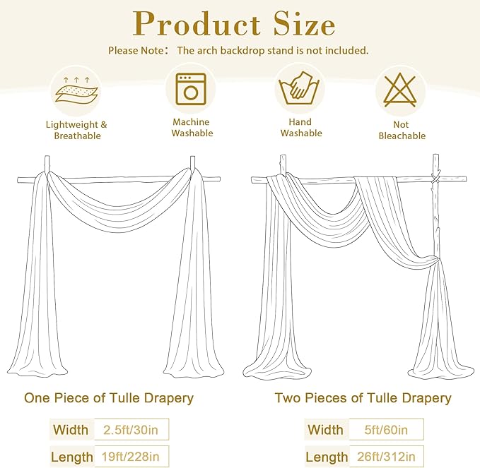 Wedding Arch Draping Fabric Backdrop 2 Panel 30" x 19Ft White Arch Drapes Curtains for Wedding Reception Sheer Tulle Backdrop Curtain for Ceremony Birthday Party Arbor Ceiling Decorations