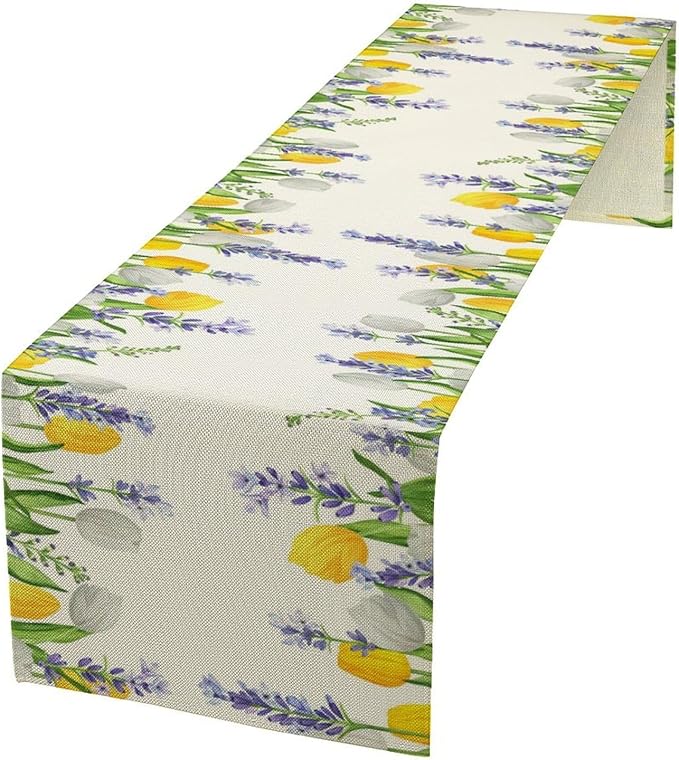 Floral Tulip Lavender Table Runner, Spring Watercolor Flower Plants Nature Butterfly Table Runner for Kitchen Dinner Living Room Home Party, 13x120 Inch