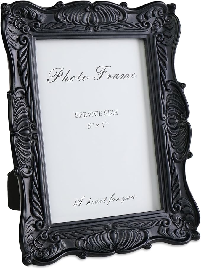 Cuspin 5x7 Black Picture Frame, Vintage Ornate Decorative Hand-Carved Resin Photo Frame with Detailed Design for Tabletop Display or Wall Hanging, Black Home Decor