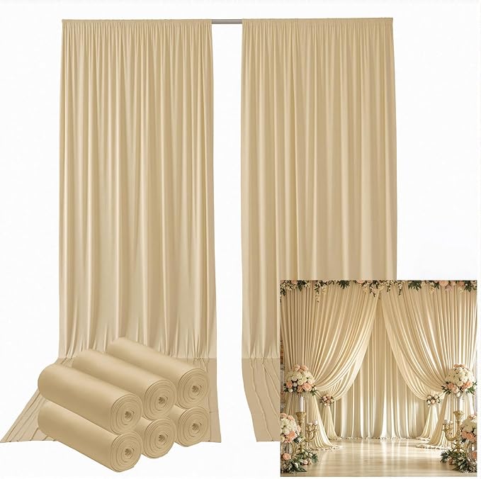30ftx12ft Wrinkle Free Beige Backdrop Curtain, 6 Panels 12FT Height Beige Wedding Backdrop Drapes, Silky Polyester Back Drop Cloth for Birthday Photography Background Party Backdrop Draping