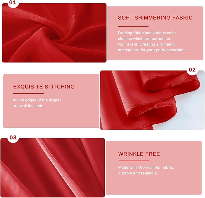 Wedding Arch Draping Fabric 29" x 18 FT Red Sheer Chiffon Outdoor Curtain Drapes for Wedding Birthday Party Ceremony Decor(2 Panels, Red)