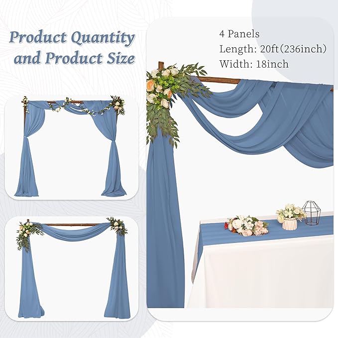 4 Panels Wedding Arch Draping Fabric 28" x 20Ft Wedding Arch Drapes Chiffon Fabric Drape Sheer Backdrop Curtain for Nuptials Party Ceremony Birthday Arbor Drapery Reception Ceiling Decor(Dusty Blue)