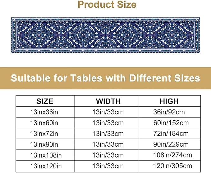 Boho Floral Vintage Table Runner, Retro Morris Abstract Blue Flower Rustic Country Farmhouse Pattern for Home Kitchen Table Decor Dining Coffee Room Wedding Party Decor 13x108in