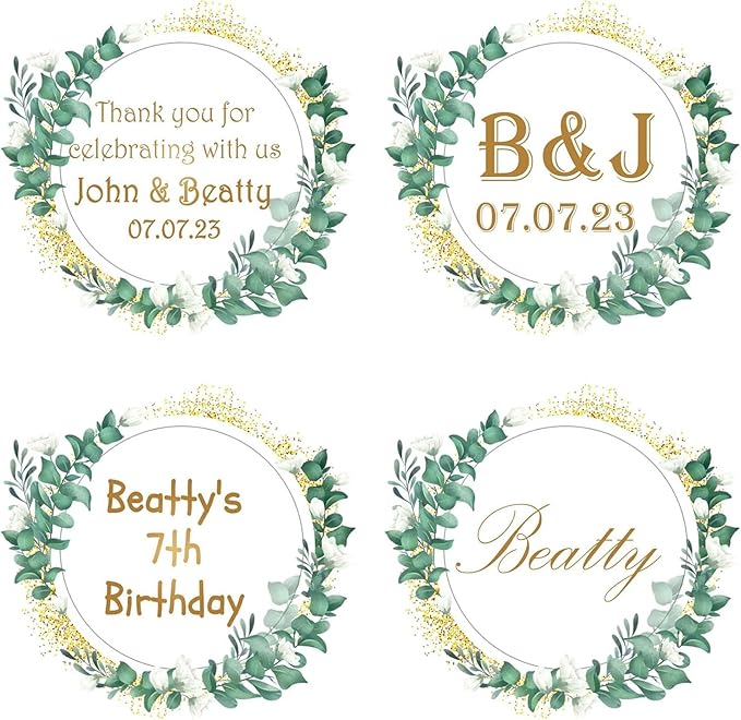 Custom Stickers for Weddings, Birthdays & Businesses - Personalized Labels with Your Logo - Waterproof, Fade and Heat Resistant - Pack of 100-1000 (Wreath V, 4 Inch)