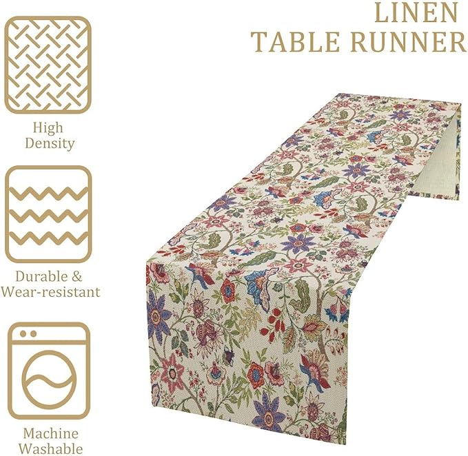 Spring Floral Table Runner, Boho Floral Pattern Natural Plant Table Decoration for Home Kitchen Restaurant Holiday Party,13in（33cm） W * 108in（274cm） L