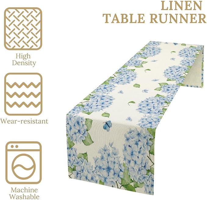 Watercolor Hydrangea Flower Table Runner, Spring Summer Seasonal Plants Butterfly Blue Dinner Runner for Home Kitchen Dining Table Party Holiday Decoration 13"x90"