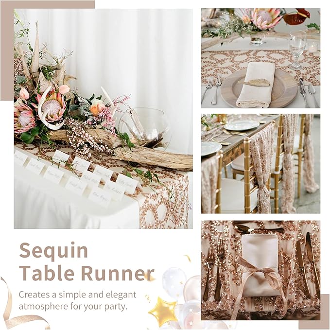 Rose Gold Flower Table Runners 10 Pieces 12x72 Inches Sequin Glitter Table Runner for Wedding Banquet Event Party Decorations
