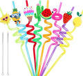 Summer Reusable Drinking Straws 24 Packs Pool Party Decorations Beach Fruit Party Favors Hawaiian Tropical Straws Goodie Bag Gifts for Birthday Party Supplies with 2 Cleaning Brushes