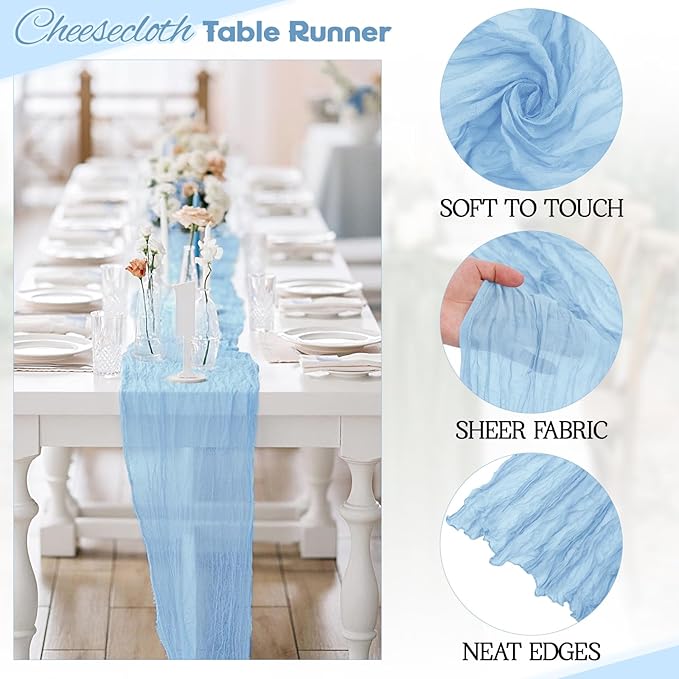Aktor 4 Pack Light Blue Table Runner Boho Cheesecloth Table Runner Semi Sheer Gauze Fabric Runners for Wedding Birthday Baby Shower Party Boho Table Decoration（Light Blue）