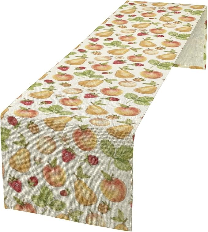 Vintage Spring Summer Fruit Table Runner Watercolor Pear Strawberry Leaves Dinner Runner for Farmhouse Party Holiday Home Kitchen Dining Table Decor 13x120