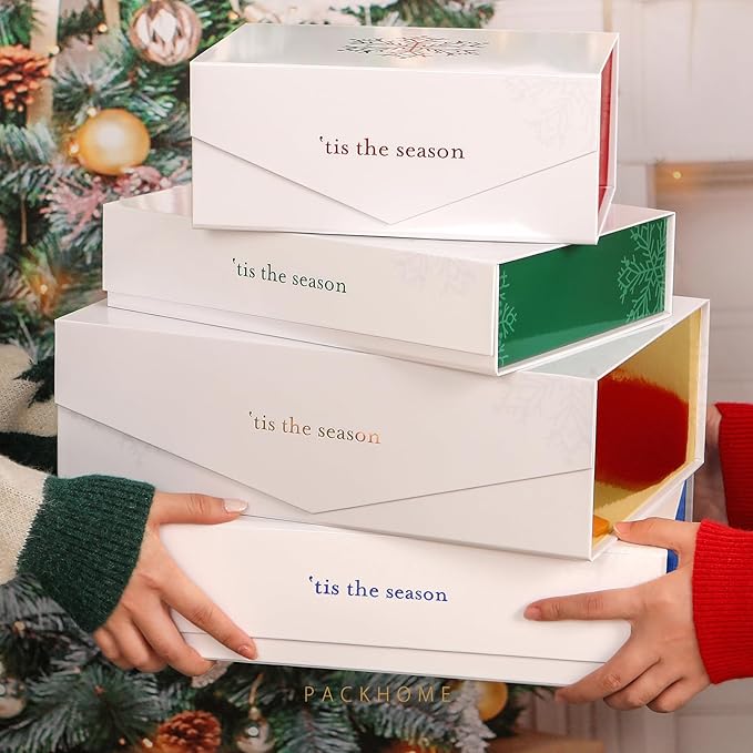 PACKHOME Christmas Gift Box 13x9.7x3.4 Inches, Large Gift Box with Lid, Sturdy Shirt Box with Magnetic Lid for Wrapping Gifts (Red Snowflake Pattern)
