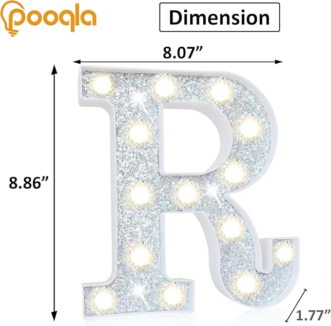 Pooqla Light Up Letters, LED Marquee Letters for Silver Birthday Decorations, Battery Powered Night Light Teenager Girl Room Decor, Gift for Girls Boys Wedding Bedroom Christmas Party Decor, Letter R