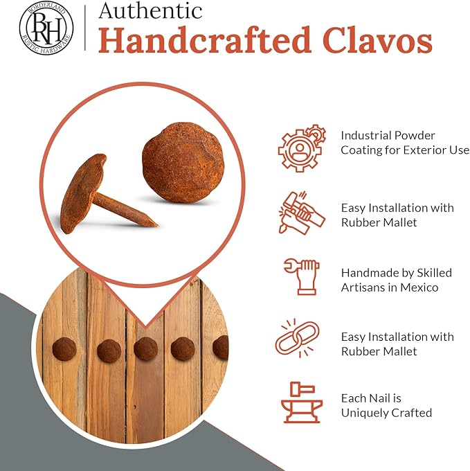 50 Pack 0.75" Round Head Iron Clavos Decorative Nails – Rusted – Handmade Rustic Round Fasteners for Farmhouse Shutters, Faux Wood Beams, Barn Doors, Shutters, Gates – Ornamental Wood Accent