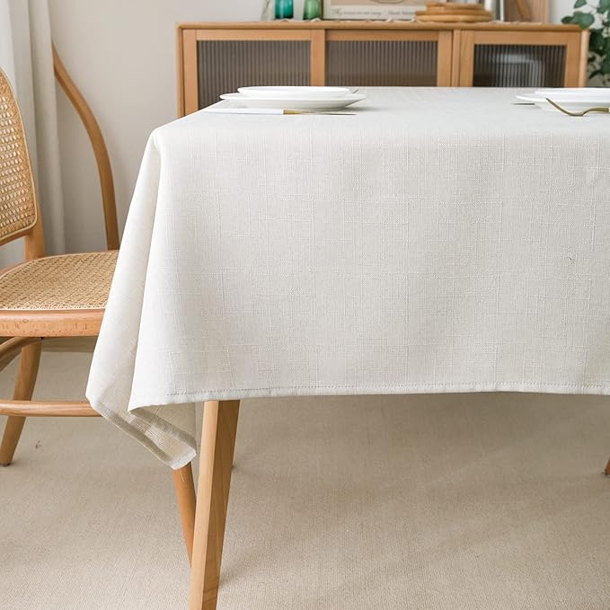 NLMUVW White Linen Tablecloth - Water Resistant Rectangle Textured Table Cover Farmhouse Decorative for Cafe Dining Card Kitchen, 54 x 140 Inch