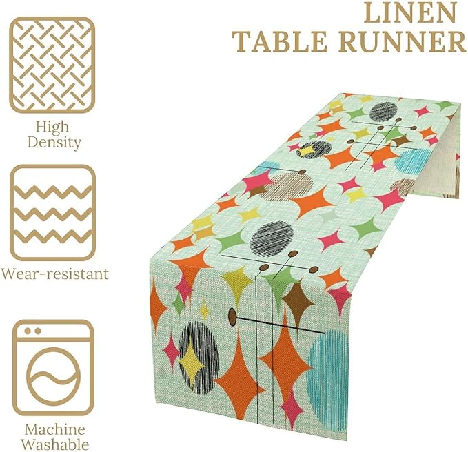 Mid Century Table Runner,Abstract Retro Modern Geometric Colorful Stripe Pattern Print Tablecloth Burlap for Hotel Indoors Outdoor Dining Room Kitchen Holiday Party, 13x60in