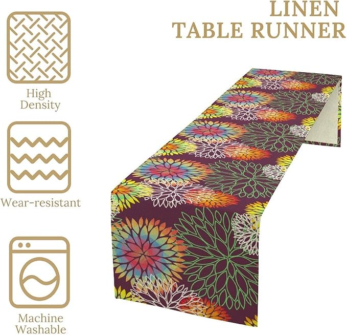 Brown Dahlia Flower Table Runner, Linen Geometric Pattern Floral Table Decor Spring Farmhouse Decorations for Kitchen Dining Holiday Party Decor, 13x60 Inch