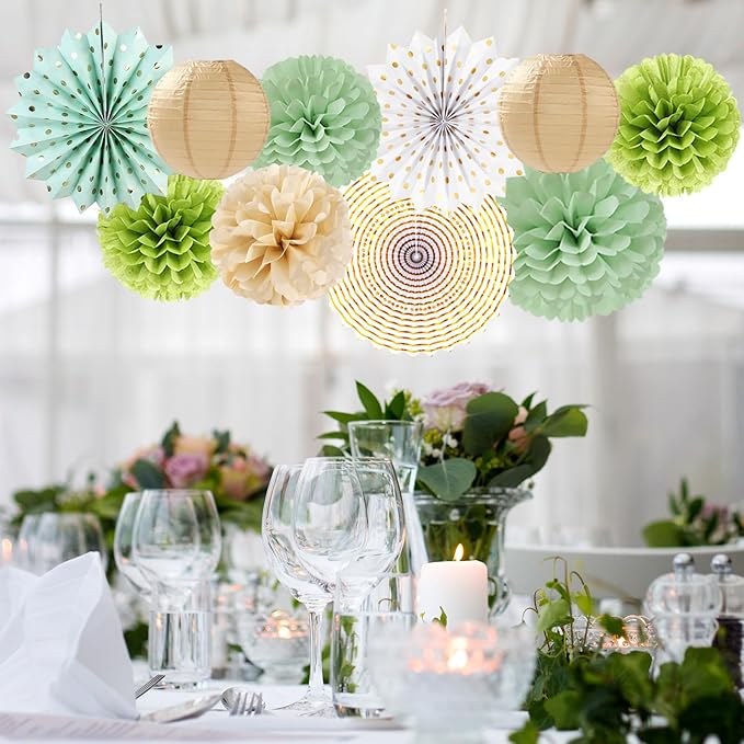 Sage-Olive Green Gold Brown Boho Party-Decorations - 33pcs Paper Lanterns Fan, Banner,Streamers Tassel Garland,Tissue Pom Poms,Baby Bridal Shower Birthday Wedding Bachelorette Engagement Decor Hugtmr