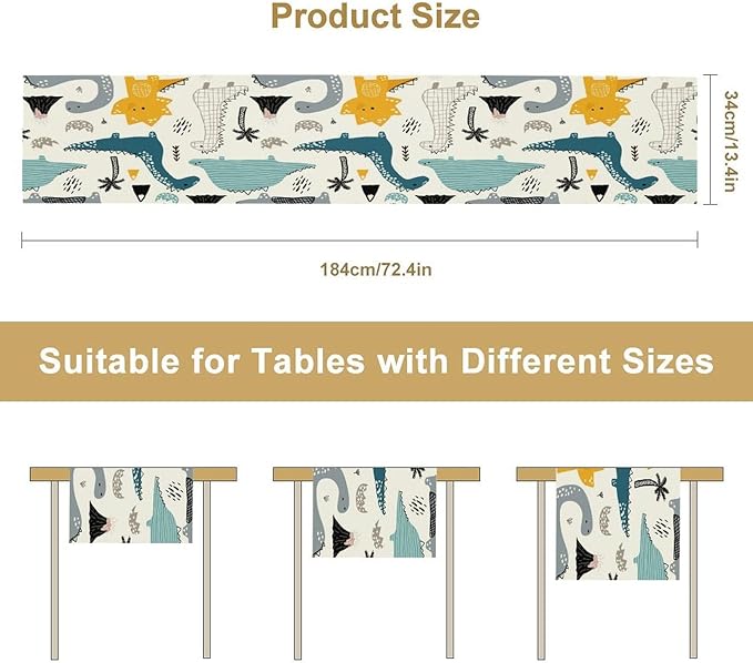 Cartoon Dinosaur Table Runner,Kids Boys Cute Various Dino Moutain Modern Abstract Print Tablecloth Burlap for Hotel Indoors Outdoor Dining Room Kitchen Holiday Party, 13x90in