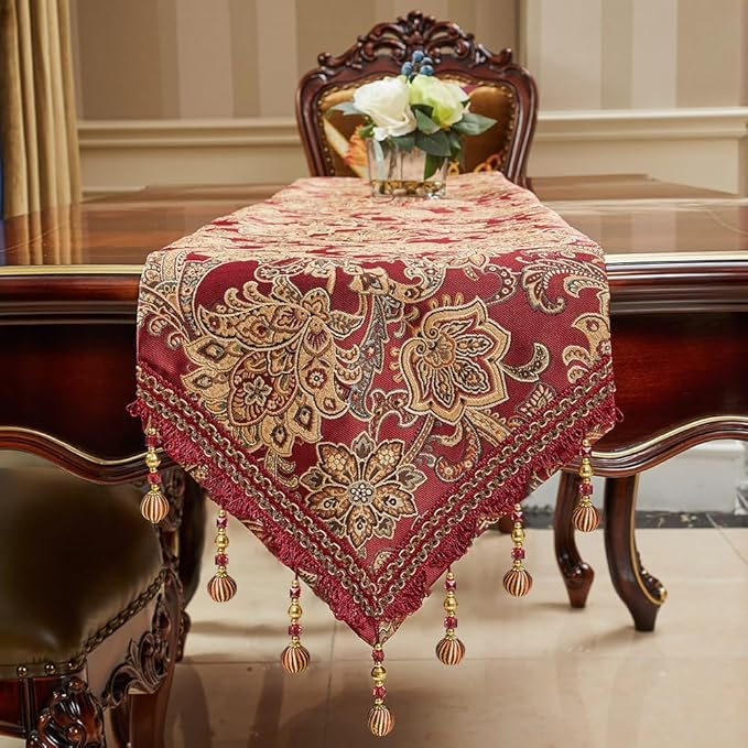 Luxury Vintage Table Runners 108 inches Long Embroidery Jacquard Fabric with Multi-Tassels Table Runners for Dining Room Dresser Wedding Christmas Thanksgiving Party Decorations (Red, 12X108inch)