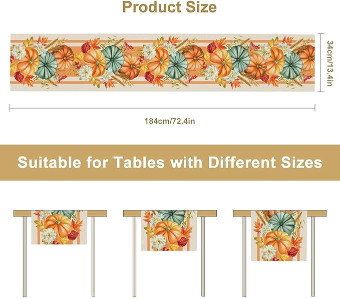 Autumn Table Runner,Orange Pumpkin Flowers Leaves Fall Table Runners Seasonal Kitchen Dining Table Decor for Thanksgiving Harvest Home Holiday Party 13x90 Inch