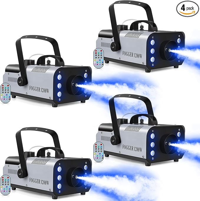1200W RGB Fog Machine, 6 Colorful LED Lights for Smoke Machine Indoor/Outdoor Use, Perfect for Halloween Parties, Weddings, and Stage Effects 4PC