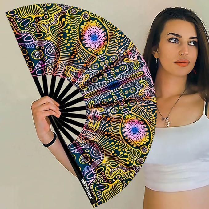 UV Glow Rave Fan, Bamboo Folding Clack Hand Fans Foldable for Men Women, Boots on the Ground Poping Fan for EDM Festival Line Dance Decoration, (Space Psychedelic, Medium 11")