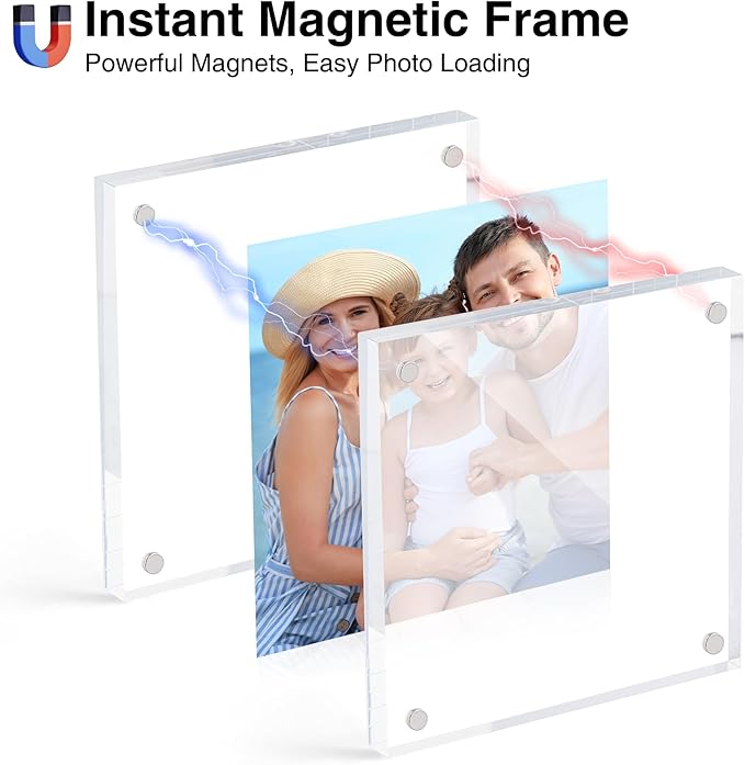 HOUSE DAY Acrylic Picture Frames 4x4, 1 Pack Magnetic 4 x 4 Picture Frame, Double Sided Clear 4x 4 Photo Frame with Microfiber Cloth, Frameless FreeStanding 4x4 Frame Gift for Desktop Display