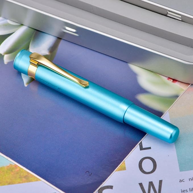 HONG DIAN M2 Black Forest Mini Fountain Pen, Bent Nib & Sleek Shape Aluminium Short Pocket Travel Pen (Lake Blue)