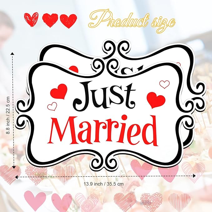 2 Pcs Large Just Married Car Decorations Just Married Car Magnets Sign Decoration 13.9 x 8.8 Inch Honeymoon Rear Tailgate Magnet Stickers for Wedding Door Panel Refrigerator(Black and Red)