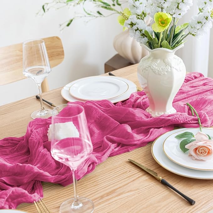 Asee'm 4pcs Cheesecloth Table Runner 120 Inches Long Deep Pink Boho Gauze Cheese Cloth Runner 10FT Rustic Sheer Table Runners for Christmas Wedding Party Baby Shower Spring Easter Decoration