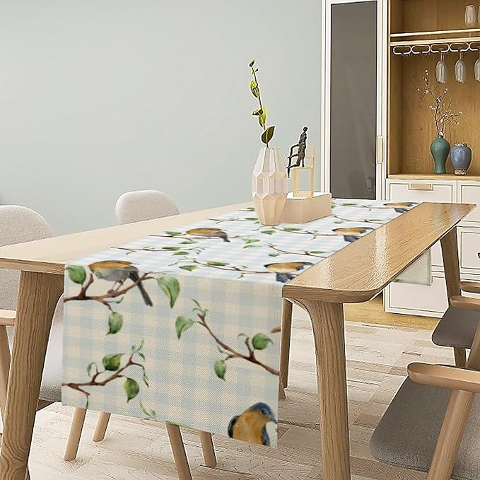 Bird Table Runner,Spring Birds Tree Blue Plaid Print Table Runner for Kitchen Dining Table Decoration Home Party Decor 13x60 Inch