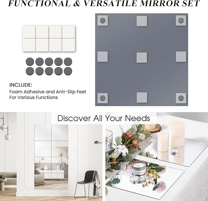 VASUHOME 8" Square Mirrors Candle Plate for Table Centerpieces, Set of 12, 2 mm Thick, Mirror Tiles for Wall, Table Wedding Centerpieces, Party Decor and Crafts