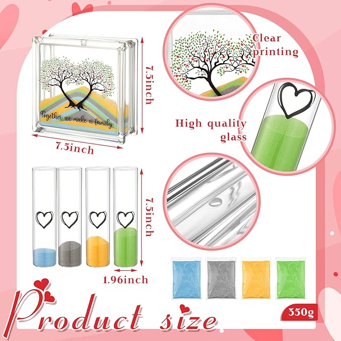 Wedding Unity Sand Set Include Vases Square Glass Jar Container 12 oz Sand for Blended Family Engagement Anniversary Bridal Party Outdoor Beach Decor(Classic Colors,Tree)