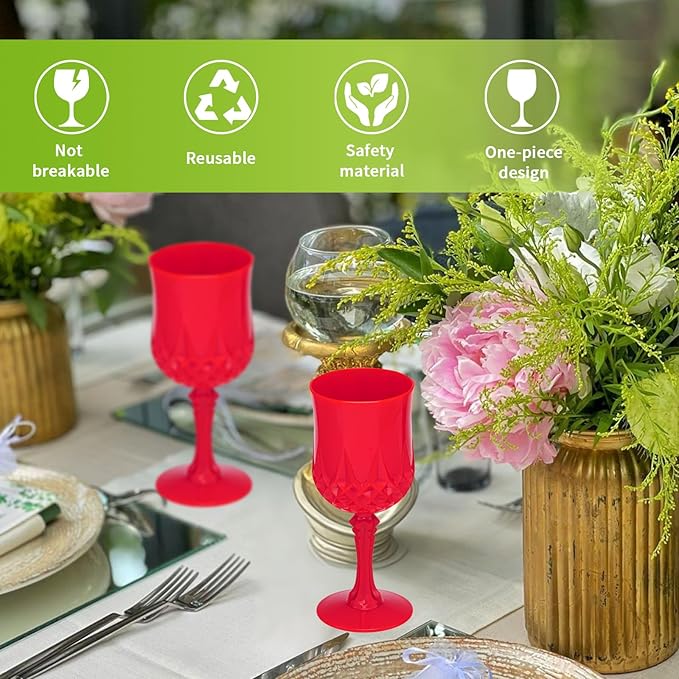 JLYLOL Plastic Vintage Wine Glasses 7OZ Plastic Goblets Vintage Drinking Glasses 48PCS Retro Wedding Glassware Water Goblets Reusable Drinking Cups for Party,Reception,Celebration,Bar,Whiskey(Red)