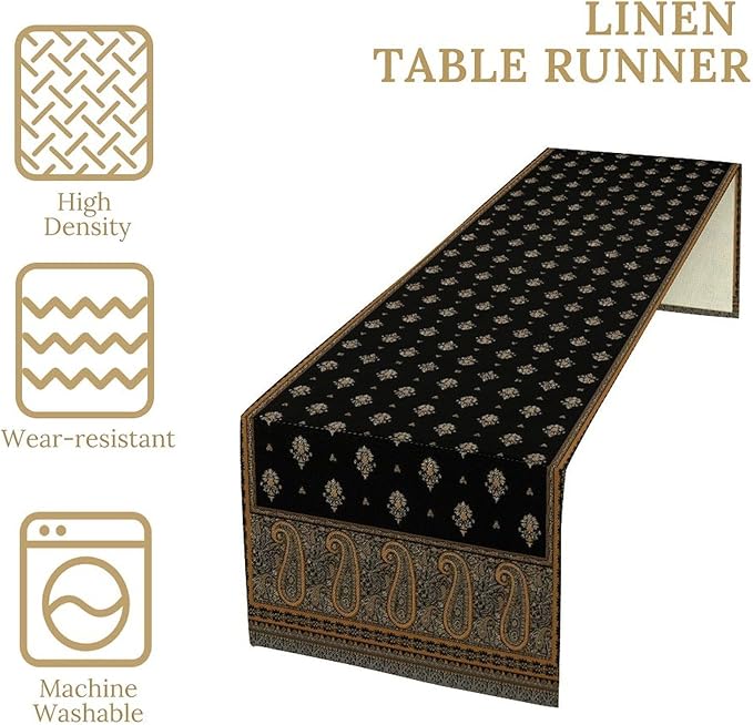 Vintage Paisley Table Runner, Boho Brown Black Flowers Leaves Print Table Runner for Home Dining Kitchen Table Party Wedding Decor, 13x108inch