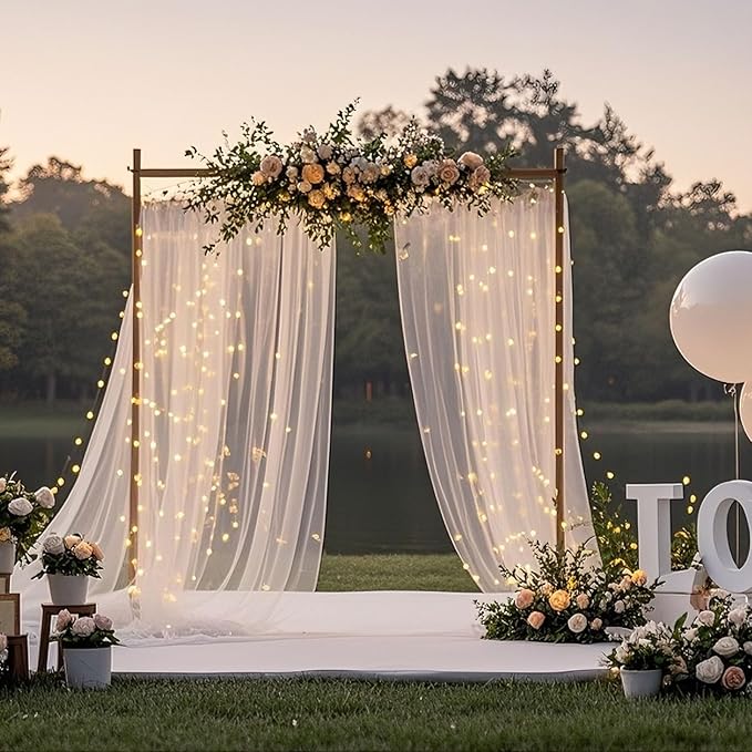 Ledido 10×8ft Tulle Backdrop Curtains with Lights String - 300LED Fairy Lights Sheer Curtain Backdrop for Weddings Baby Shower and Birthday Party Decorations(4 Panels 5×8ft)