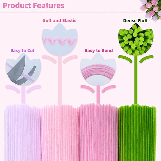 400 Pcs Pipe Cleaners Craft with Pastel Colors, Chenille Stems Flowers Craft Kit with Floral Wires, Floral Tape, Stamen & Ribbon, Pink Pipe Cleaner Flower Kit for Wedding Gift, Holiday Decoration