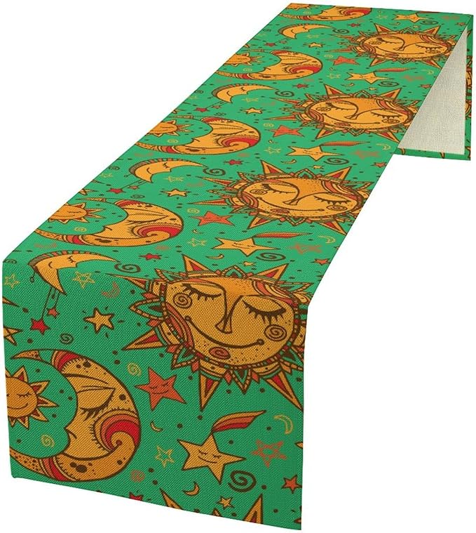 Boho Moon Table Runner, Phase of The Moon Star Sun Cartoon Pattern Table Runner for Kitchen Living Room Home Party 13x120 Inch