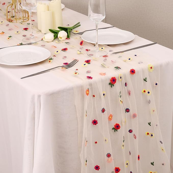3PCS Champagne Floral Table Runner 10 FT, Embroidery Daisy Table Runners Seasonal Sheer Tulle Table Runner for Thanksgiving Wedding Birthday Baby Shower Party ﻿