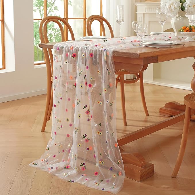 Champagne Embroidery Daisy Fall Table Runner 120Inch 10FT Florals Soft Sheer Tulle Fabric Table Runner for Home Decor, Brithday, Wedding, Baby Shower ,Holiday ,Parties, DIY Craft,1PC