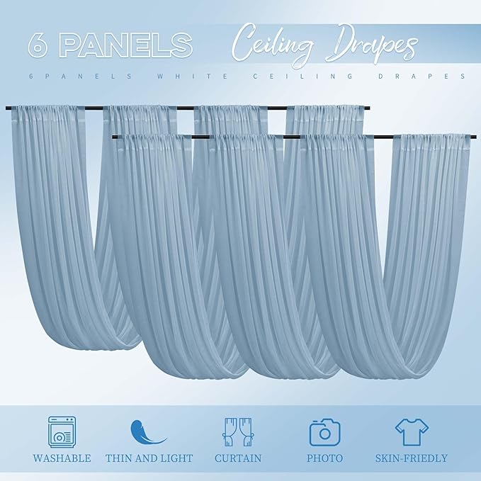 6 Panels Dusty Blue Ceiling Drapes for Wedding 5ftx20ft Ceiling Drapes Wedding Arch Draping Fabric Cheesecloth Sheer Curtain Romantic Ceiling Decorations for Weddings Party Banquet Ceremony Stage