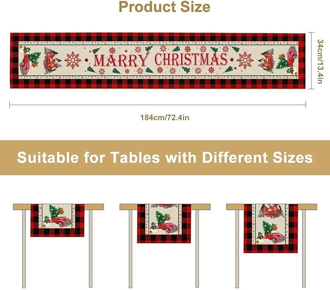 Merry Christmas Table Runner,Winter Xmas Holiday Table Cloth Kitchen Dining Table Decoration for Home Party Decor 13x90 Inch