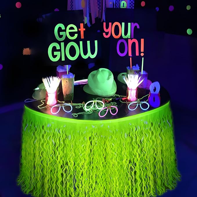 Mega-L Glow in The Dark Party Supplies, 2 Pack Neon Party Decorations Fluorescent Macaron Yellow Wavy Metallic Tinsel Foil Fringe Table Skirts, Perfect Table Decors for Glow Birthday Decor